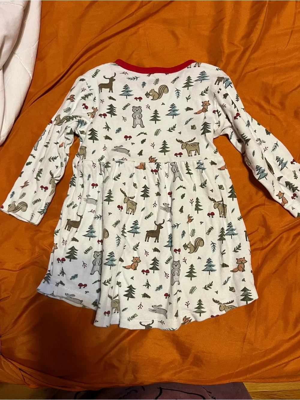 Holiday Forest Print Kids Long-Sleeve Dress - Red Trim
